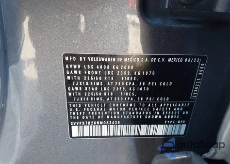 2022 Volkswagen Taos 1.5T Se z USA, uszkodzony, nr VIN 3VVPX7B26NM083439